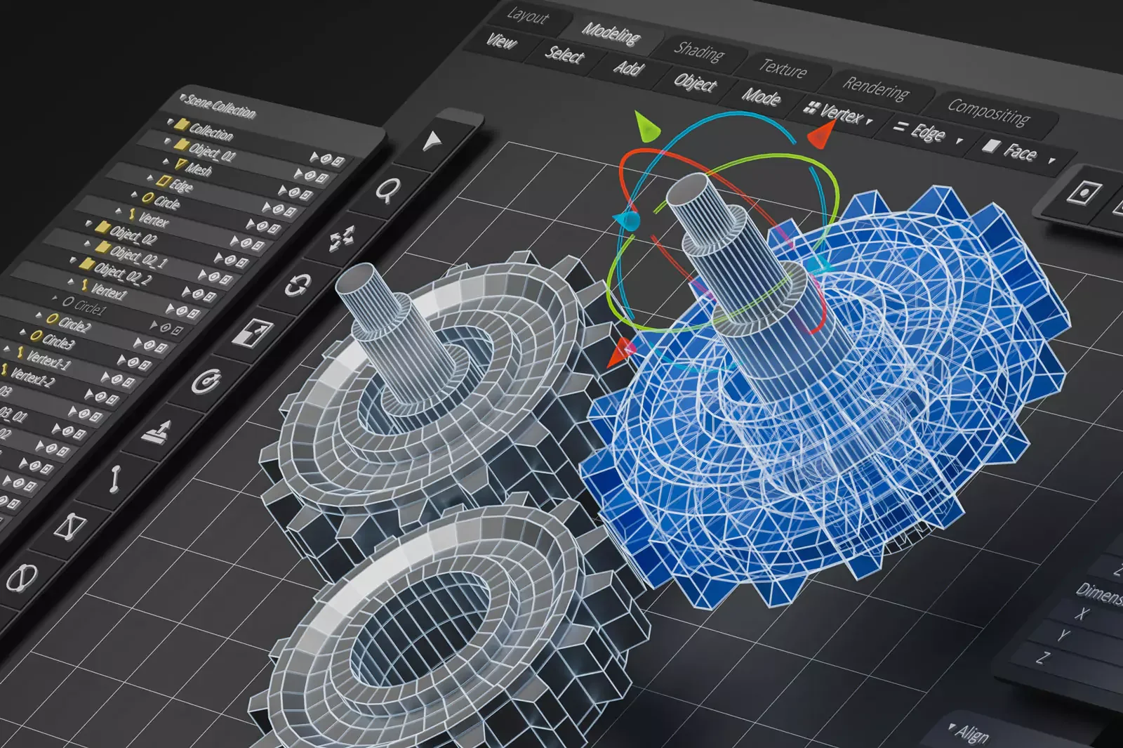 3D rendered gears turning on a modeling software background