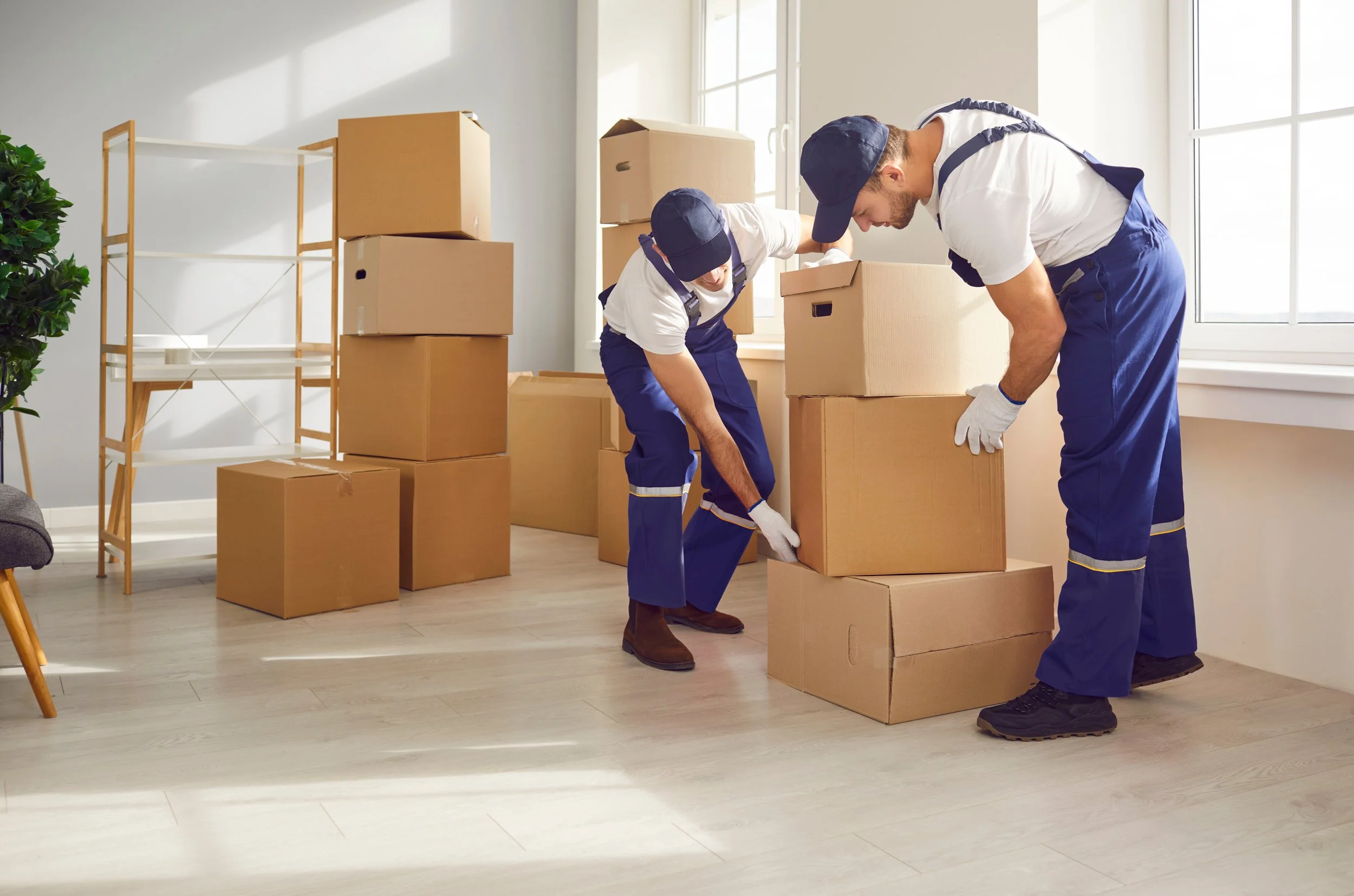 Two movers in blue uniforms lifting cardboard boxes inside a well-lit room with light wooden flooring.