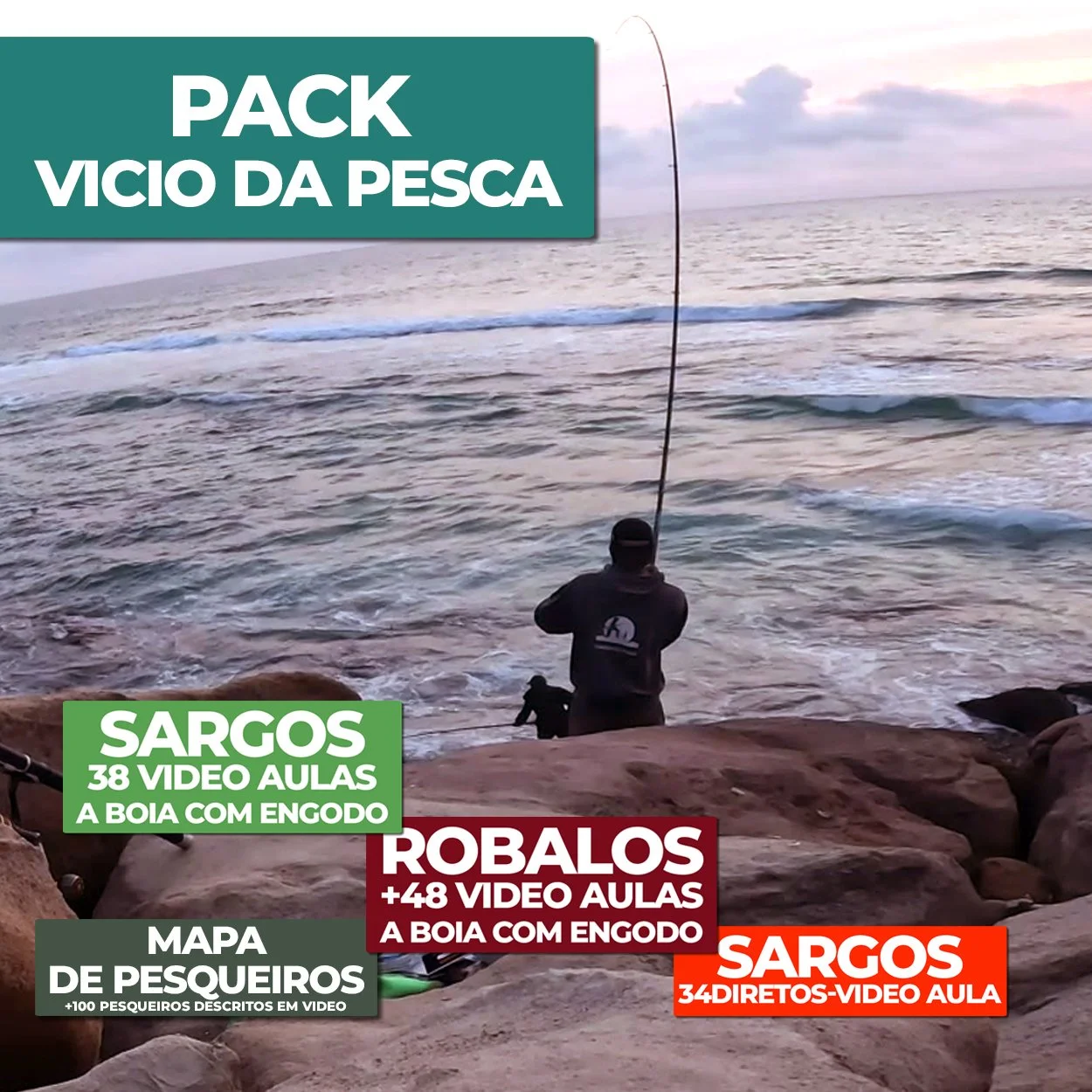 Homem pescando na praia com água e ondas ao fundo, ao entardecer, com legendas e categorias relacionadas a pesca, roubos e mapas de pescadores.