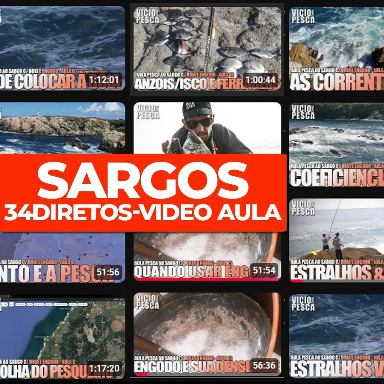 Imagem de várias capturas de tela de vídeos sobre pesca, com uma pessoa segurando um peixe, ondas no mar, e línguas variadas em português com títulos de vídeos relacionados à pesca com duração de aproximadamente uma hora.