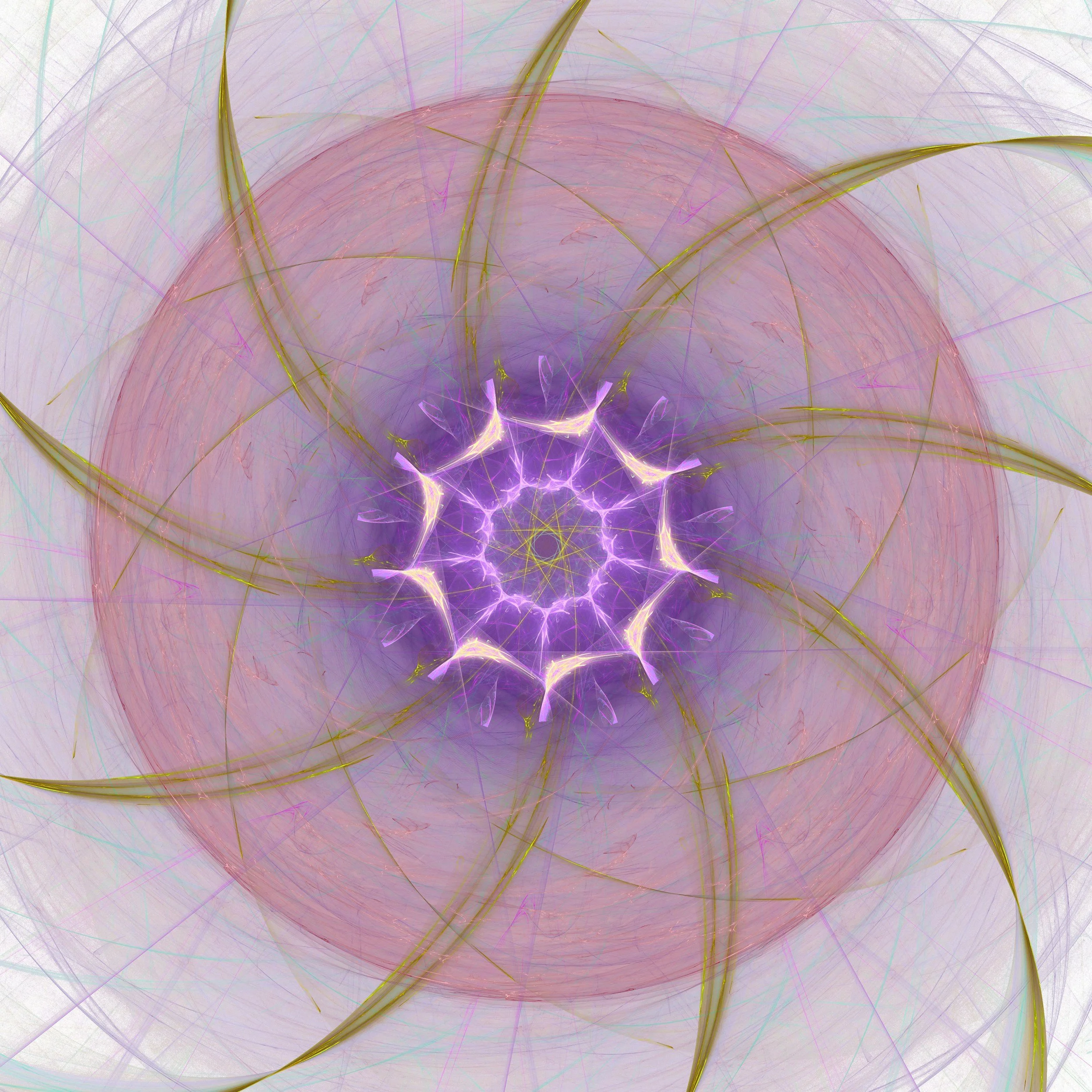 Abstract digital artwork featuring a glowing purple star-shaped pattern at the center, surrounded by light pastel colors and swirling lines.