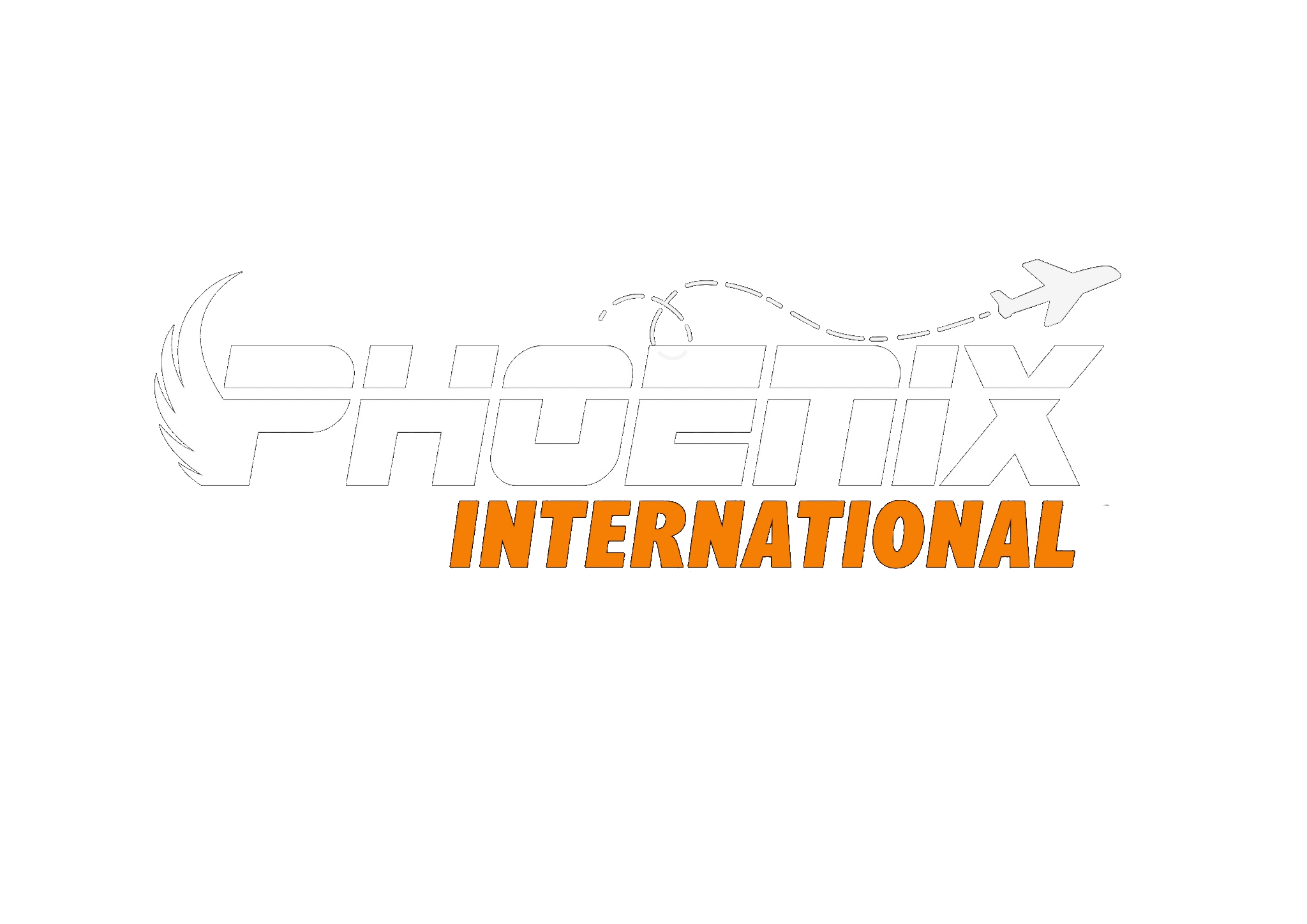 Logo for Phoenx International with stylized white and black text, an airplane graphic, and a dotted flight path on a black background.