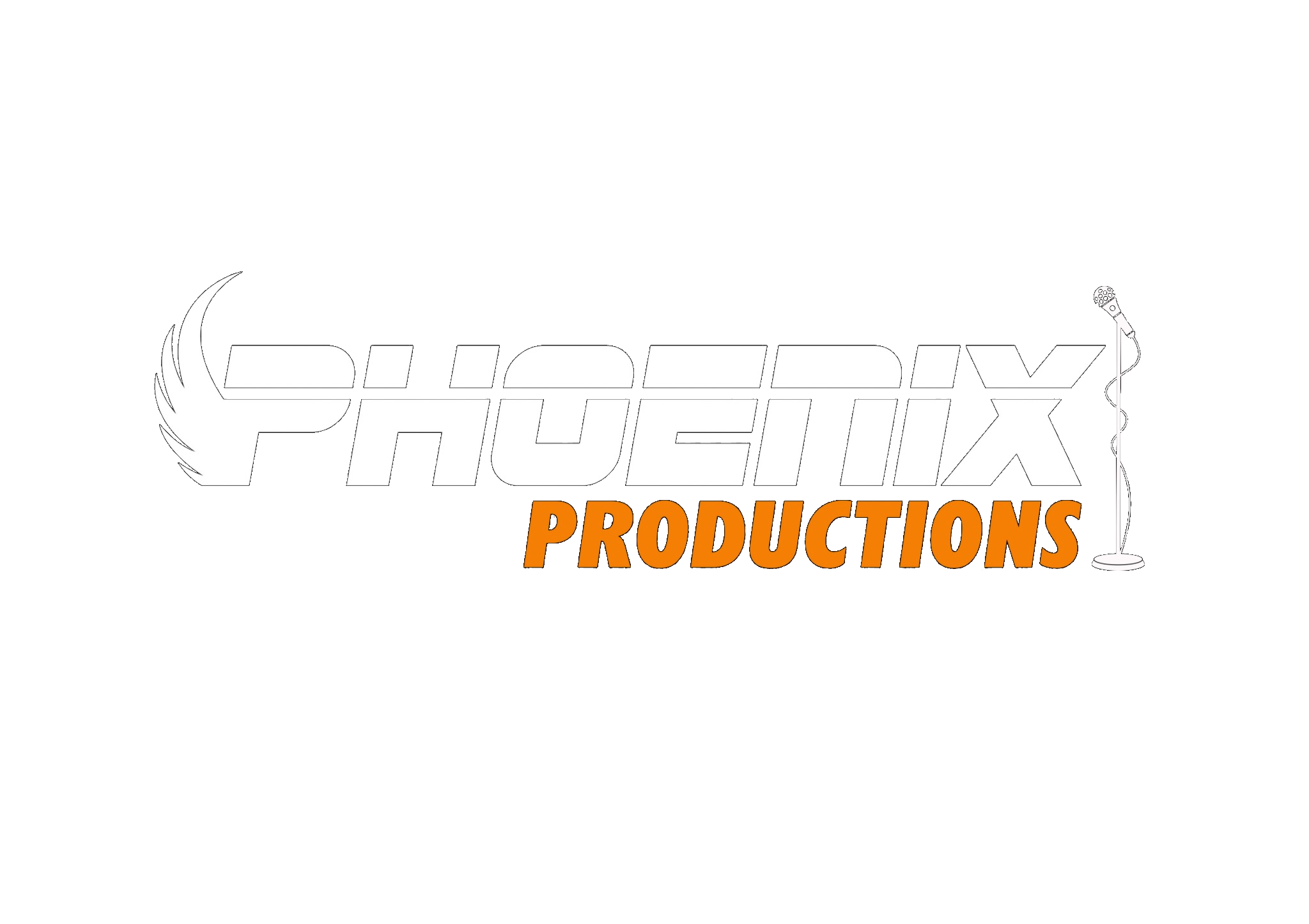 Logo of Phoenix Productions with stylized text, a wing on the left side, and a vintage microphone on the right side.
