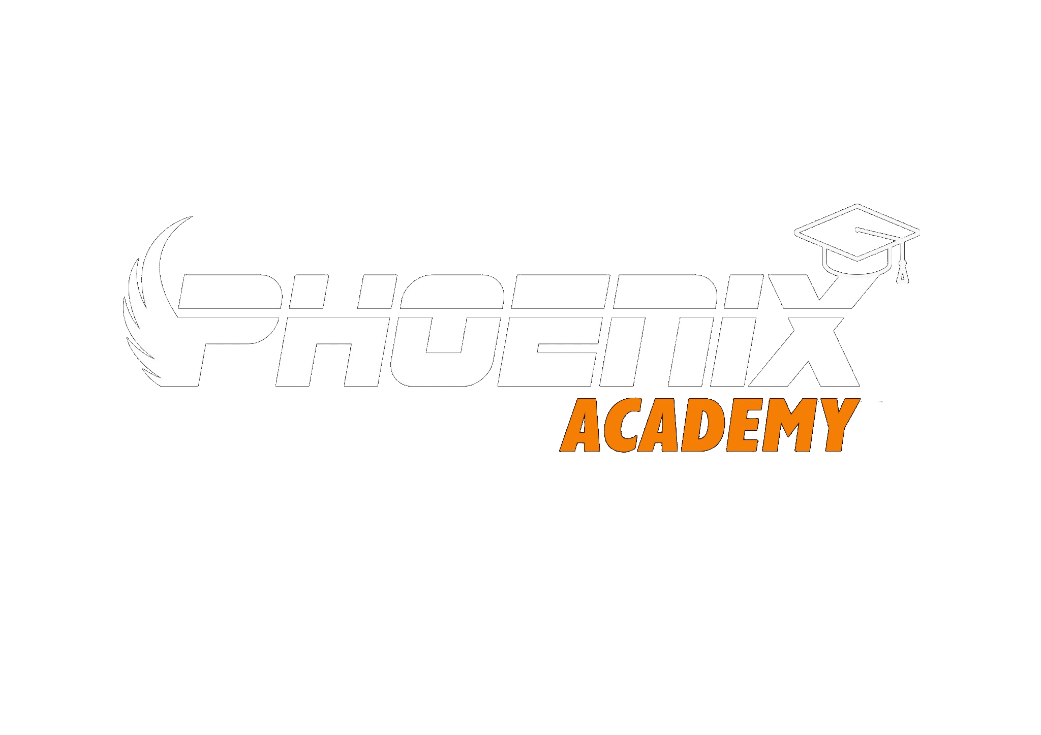 Logo for Phoenix Academy featuring the word 'PHOENIX' in bold white stylized letters with a winged design, and the word 'ACADEMY' in orange with a blue shadow, along with a graduation cap icon.