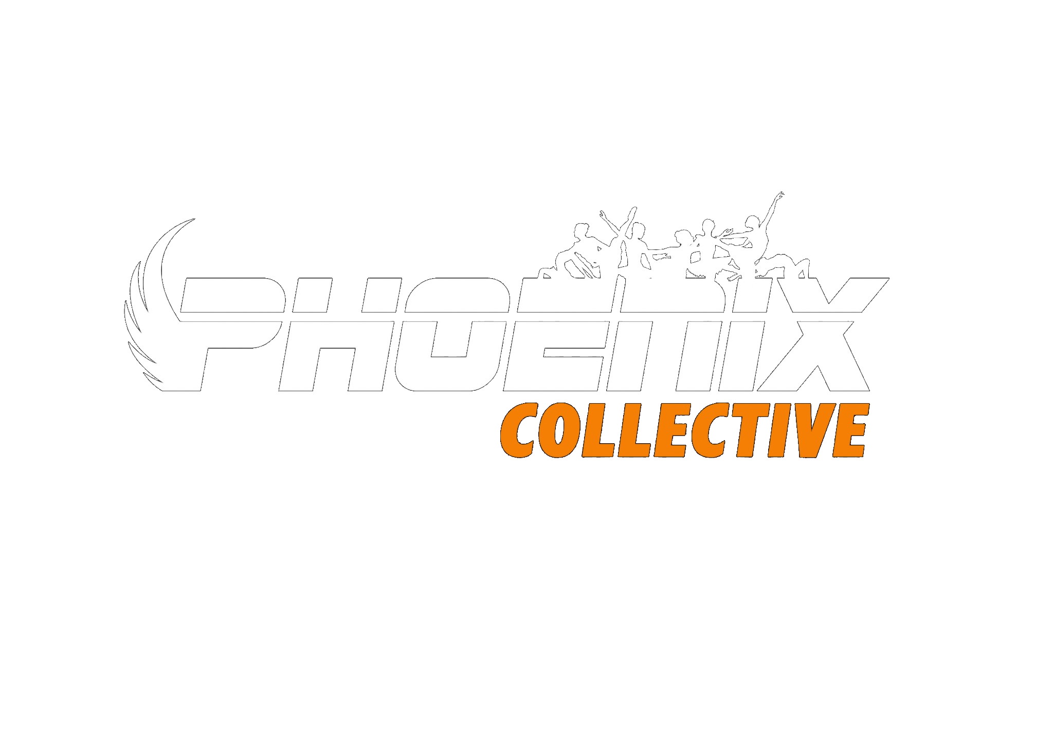 A logo for Phoenix Collective featuring a stylized word 'PHOENIX' with a group of white silhouettes of people celebrating above it, and the word 'COLLECTIVE' in orange and blue beneath.