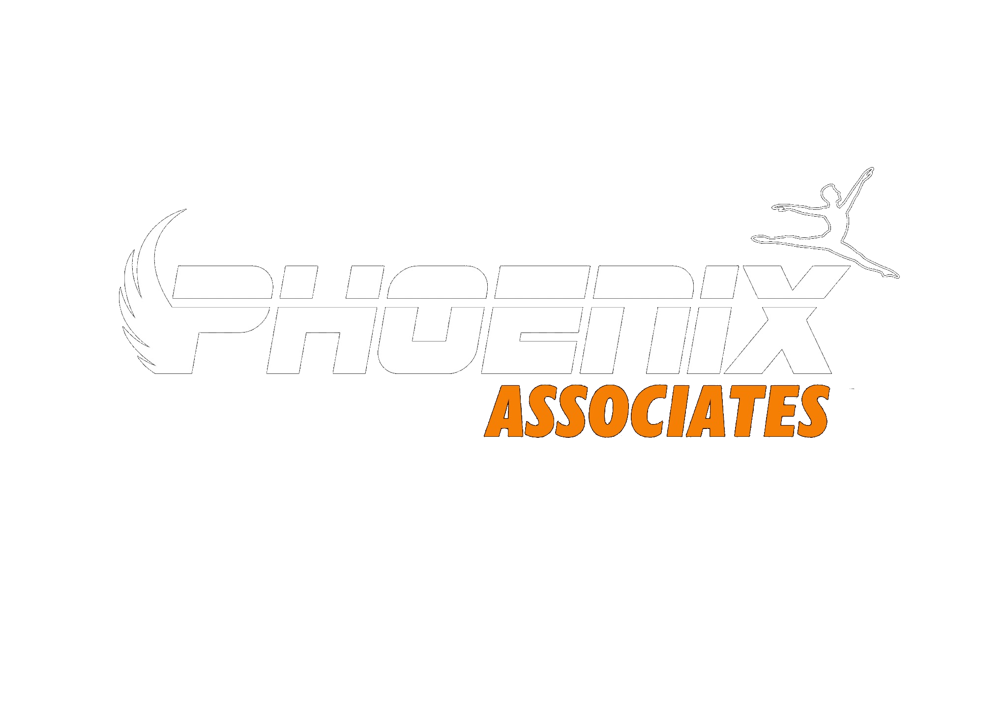 Logo for Phoenix Associates with a stylized dancer silhouette at the top right and a swoosh design element on the left