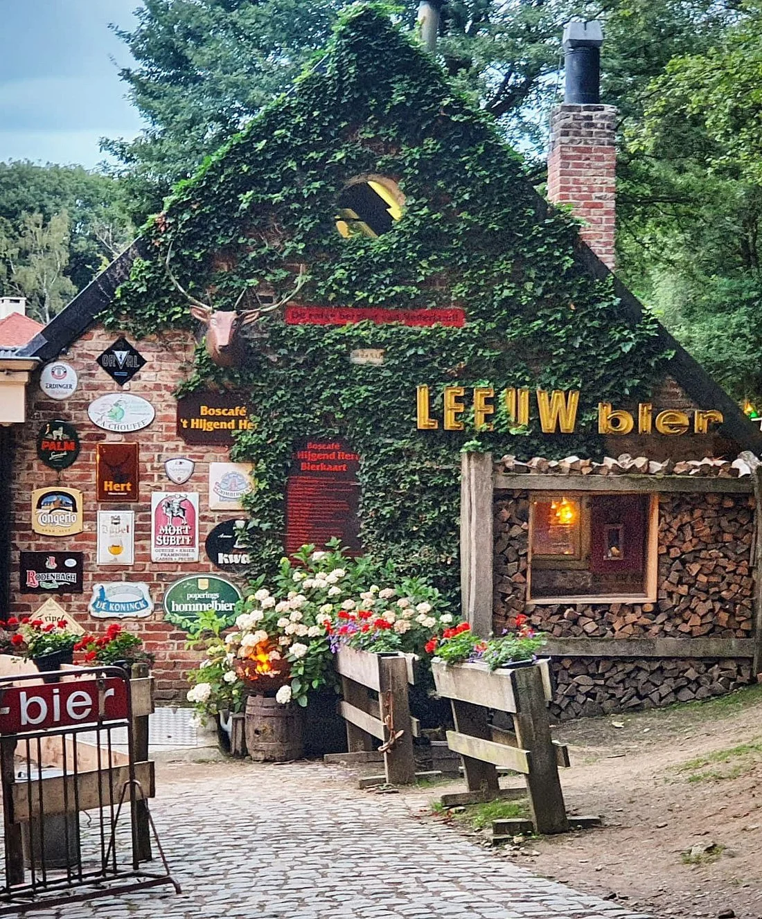 A rustic brick building with a sloped roof covered in green ivy, decorated with various signs and a mounted deer head. The building has a sign reading 'LEFIW bier' in yellow letters. There are flowers in pots and a cobblestone path leading to the entrance, which has a small window and stacked firewood.