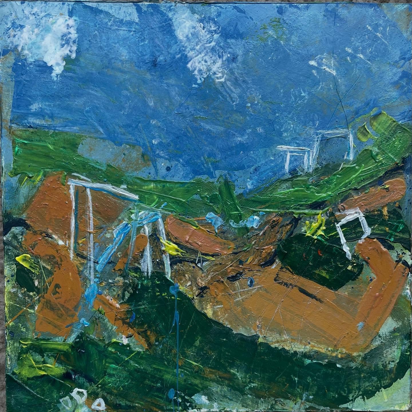 Two panels I&rsquo;ve been working on for a couple of days. Mainly acrylic but I&rsquo;ve been playing around with some oil paint on these too, which I have less experience with. Messy and smelly but I&rsquo;m enjoying the very different feel of oil 