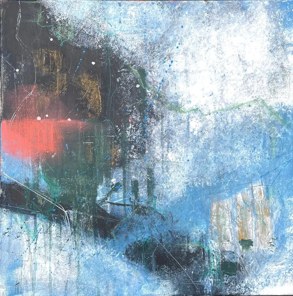 A finished piece! 50x50 mixed media on canvas &ldquo;Whispers of Wing and Water.&rdquo; If you look at my stories, you&rsquo;ll notice I spend a lot of time walking through my local county park &mdash; it&rsquo;s a wild little pocket of green on the 