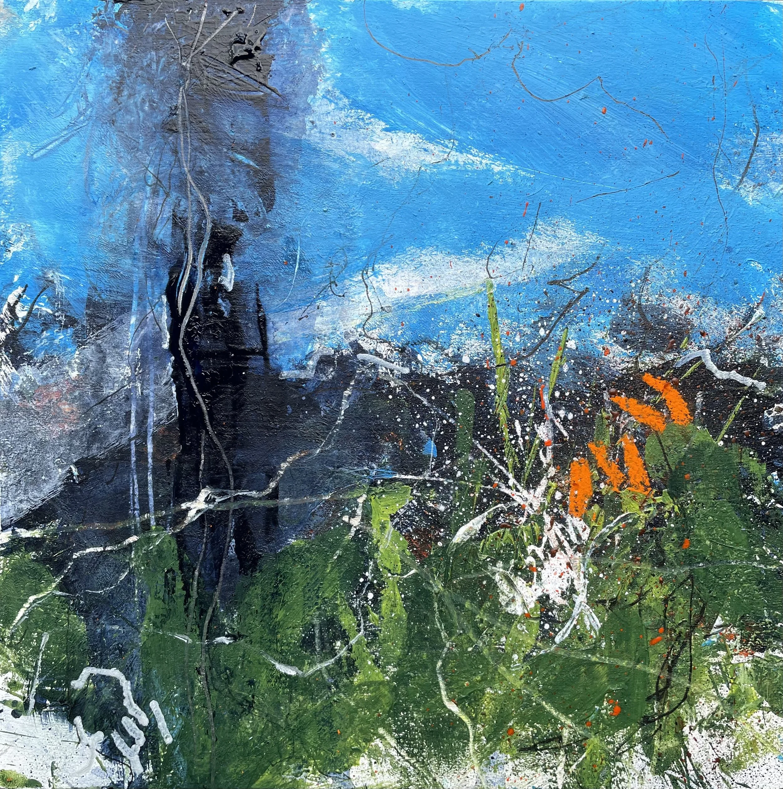 Abstract landscape painting with a blue sky, dark mountains, green vegetation, and orange flowers.