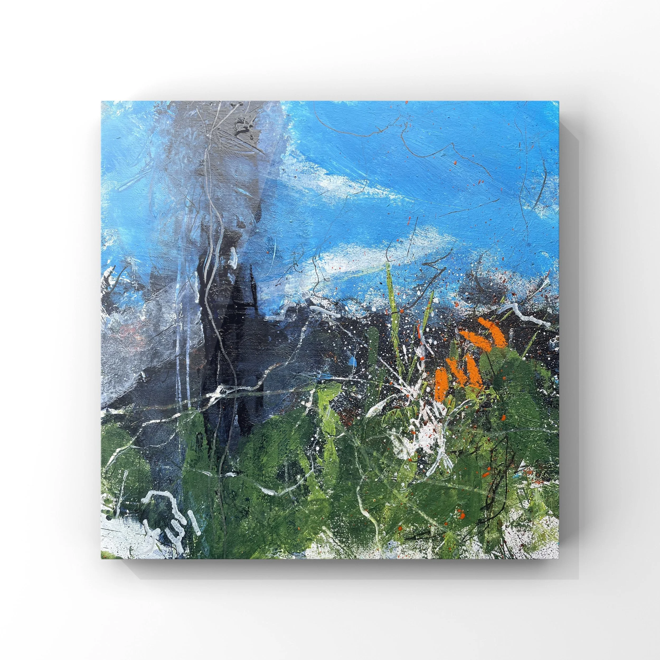 Abstract painting with blue sky, green foliage, and orange accents, featuring textured brushstrokes and paint splatters.