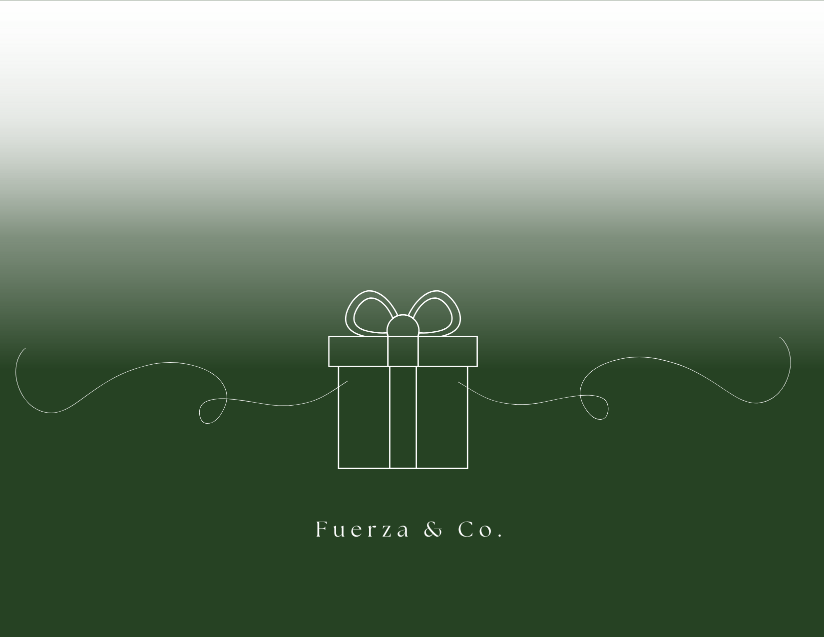 Green gradient background with a white outline drawing of a gift box with a bow, and the text 'Fuerza & Co.' at the bottom.
