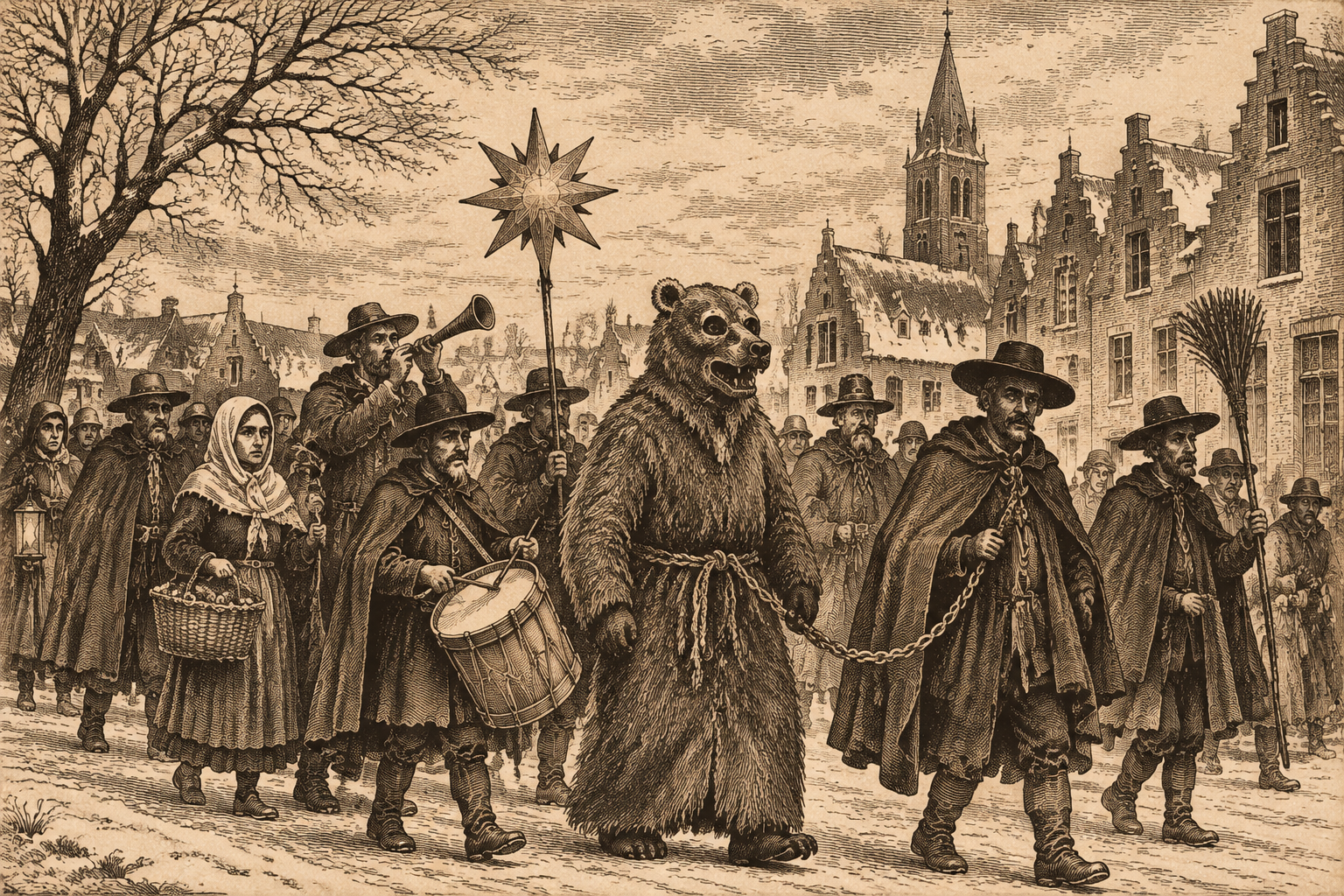 Illustration of Den Beer, a traditional Flemish winter ritual featuring a costumed bear led through a village on a chain to ward off evil spirits before the New Year.