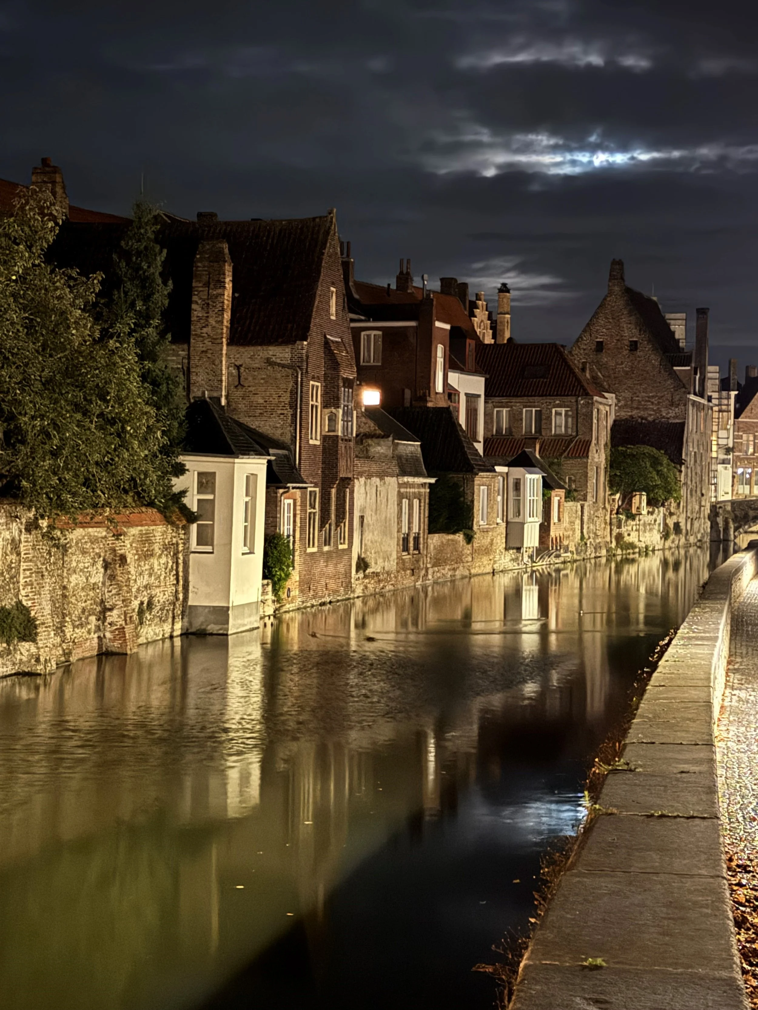Nighttime view of historic brick and stone buildings along a river with cloudy sky overhead and faint moonlight, some windows illuminated.