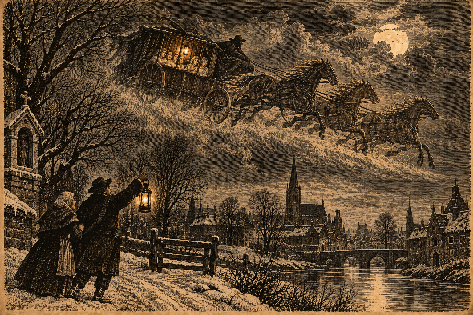 Atmospheric illustration of the Hellewagen, a supernatural horse-drawn carriage from Flemish folklore, travelling through Bruges at night.
