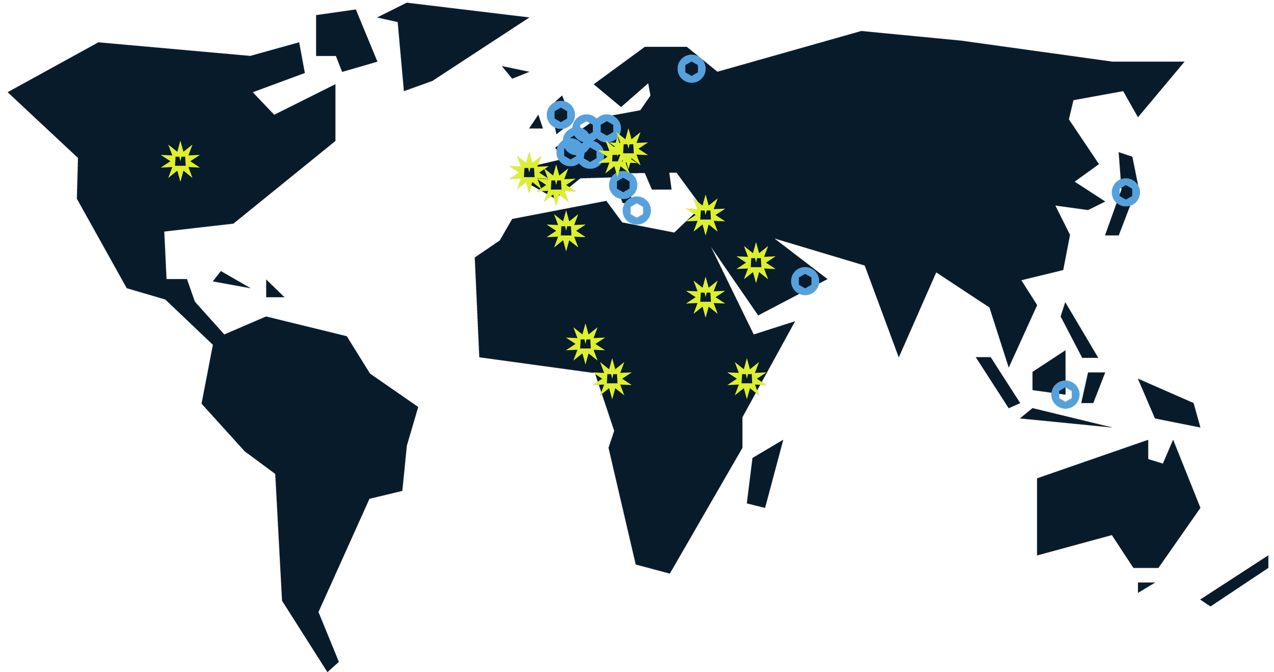 World map highlighting countries where Mad Plastic did a project and sold machines to.