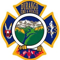 Durango Fire & Rescue badge featuring a scenic landscape, firefighting symbols, and emergency medical icons.