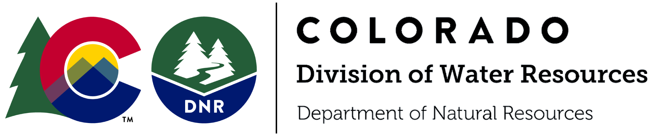 Colorado Division of Water Resources logo featuring a mountain, trees, river, and colorful background with text.