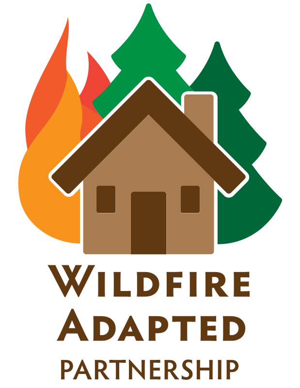 A house with trees and flames in the background, with the words 'Wildfire Adapted Partnership' underneath.