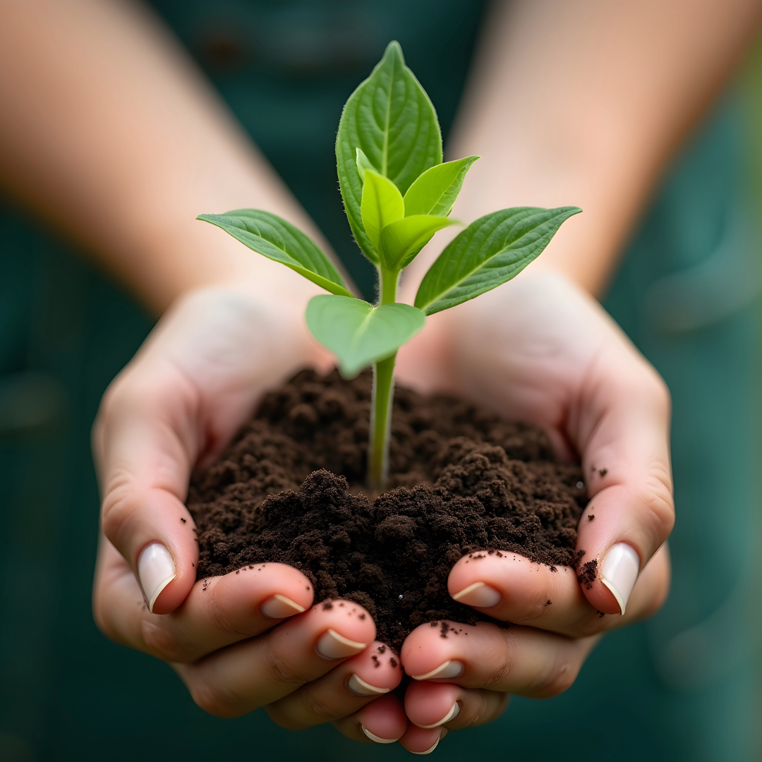 A person holding a small green seedling in dark soil with their hands.