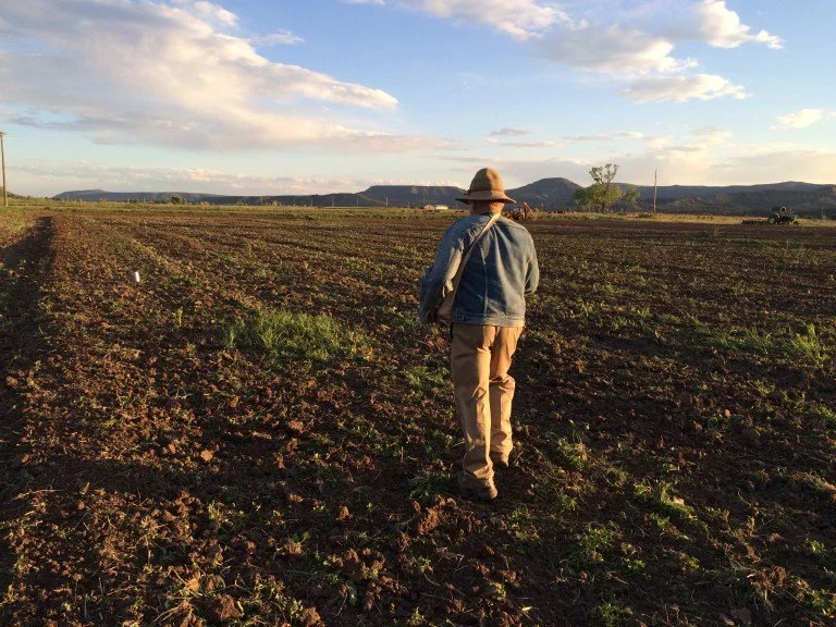 Person walking through a farmland field at sunset, wearing a wide-brimmed hat, denim jacket, and beige pants.