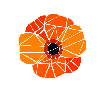 This is a poppy flower with orange and red petals and a dark center created in a mosaic tile style.