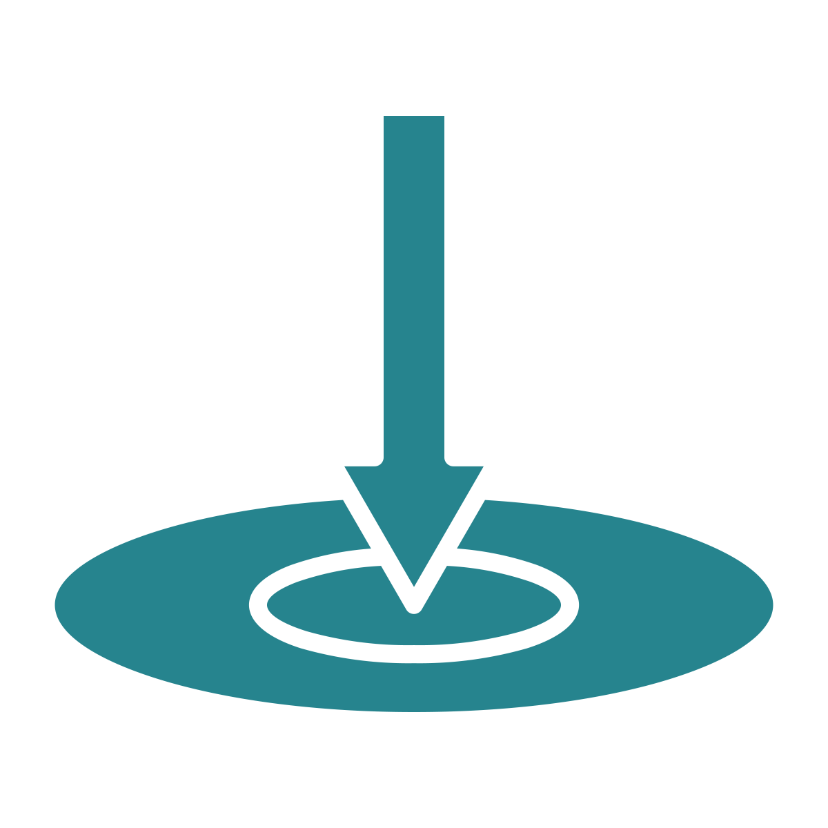 A teal arrow pointing downward into an oval-shaped target area.