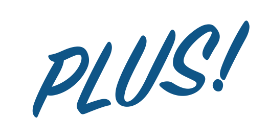 The word 'PLUS!' written in blue cursive text with an exclamation mark.