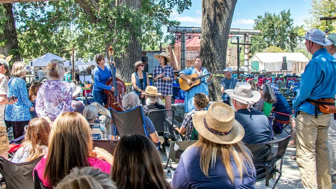 People gathered outdoors at the Parkfield Bluegrass Festival, watching a band give a workshop under trees, with some playing instruments and the audience sitting in chairs and standing.