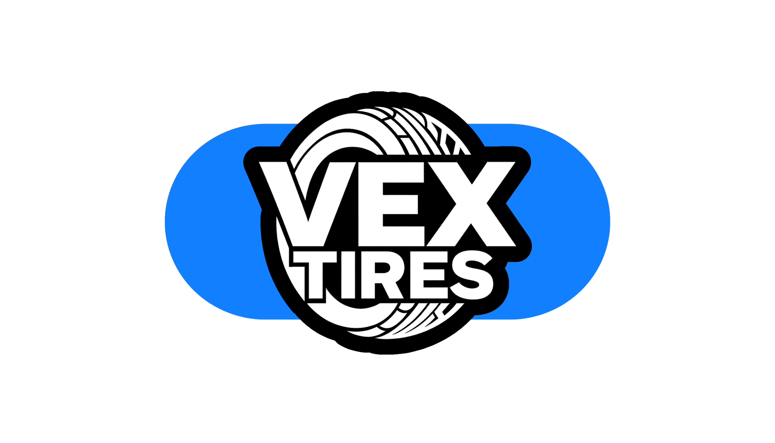 Logo of VEX Tires with black background, featuring bold white text 'VEX TIRES' and blue oval shapes behind the text and a tire graphic.