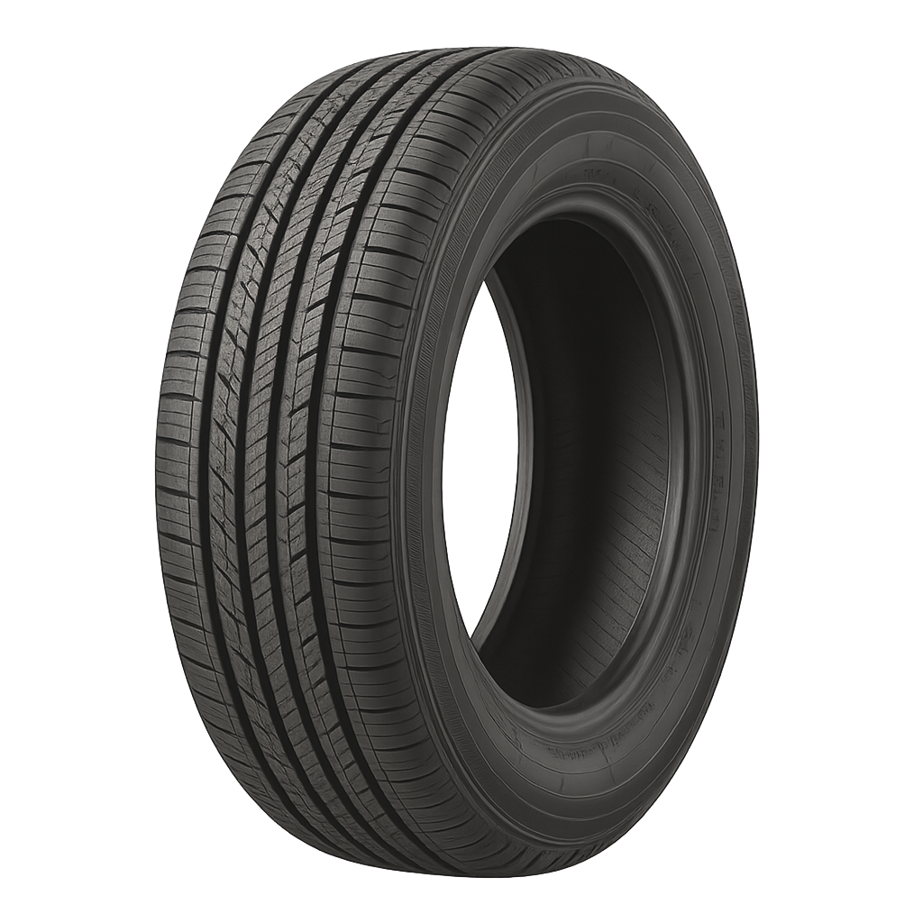 A black car tire with detailed tread patterns.