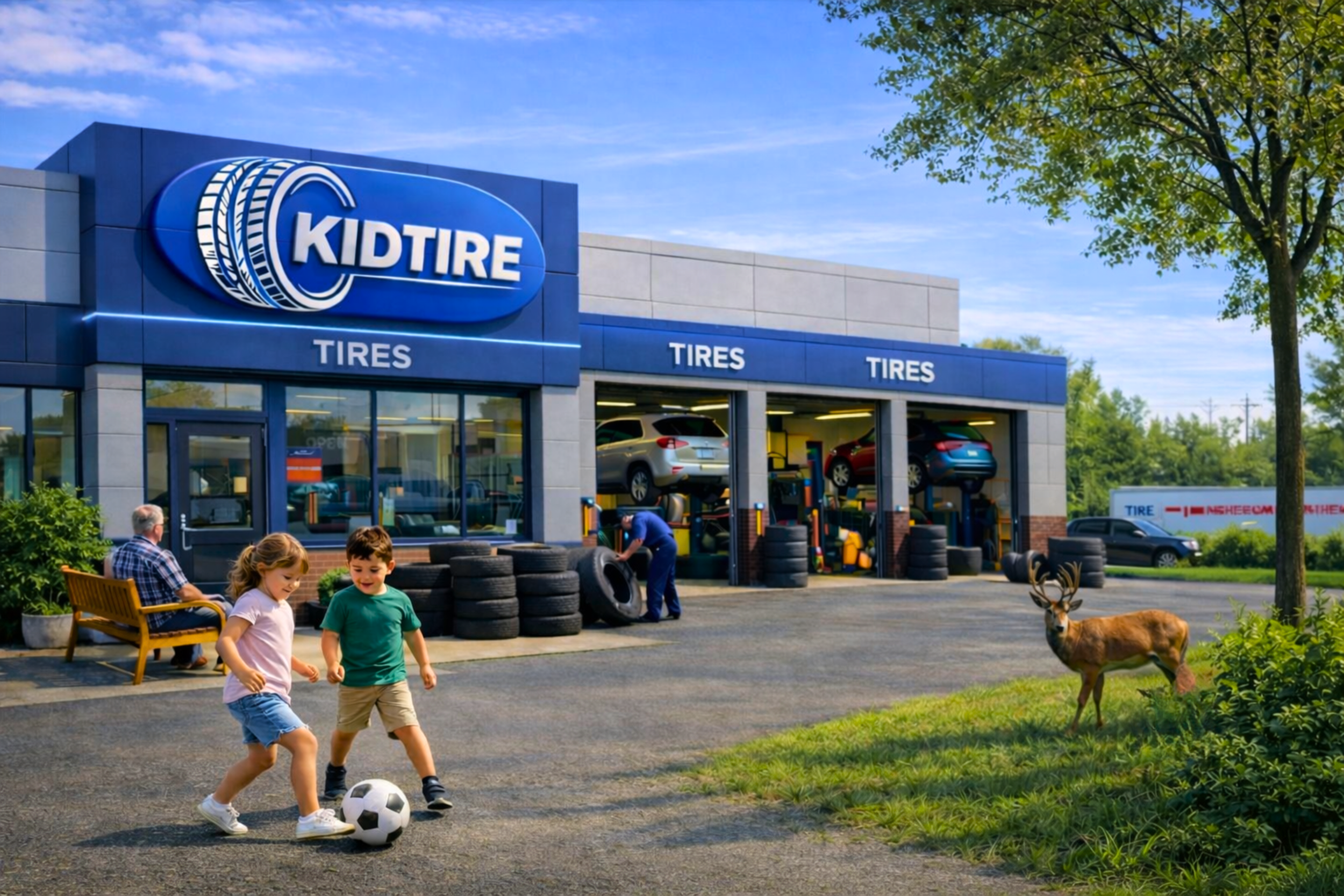 Children playing outside KIDTIRE shop with a deer on the grass and people working on tires outside. Okotoks tire shop near me.