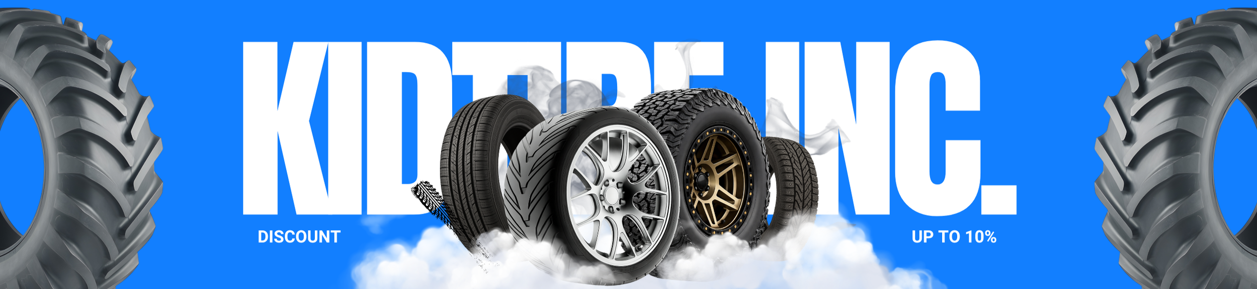 Advertisement for discounted tires showing various tire images on a blue background with large white text and clouds.