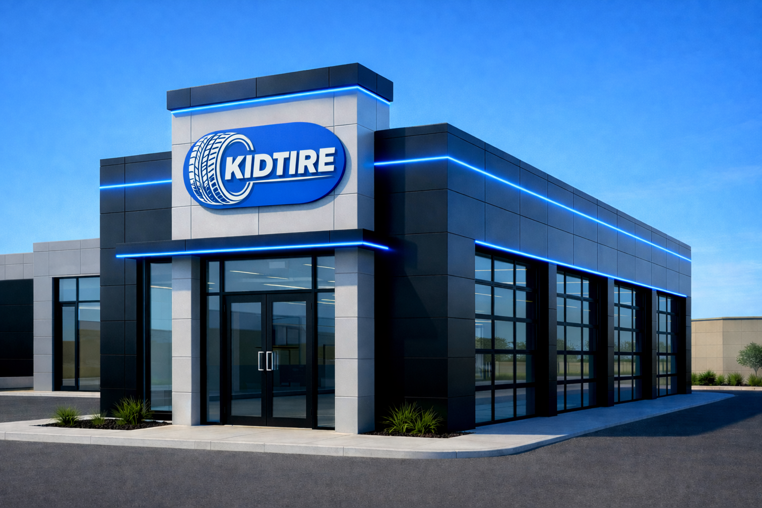 Modern tire shop named KidTire with blue neon accents on a clear day.