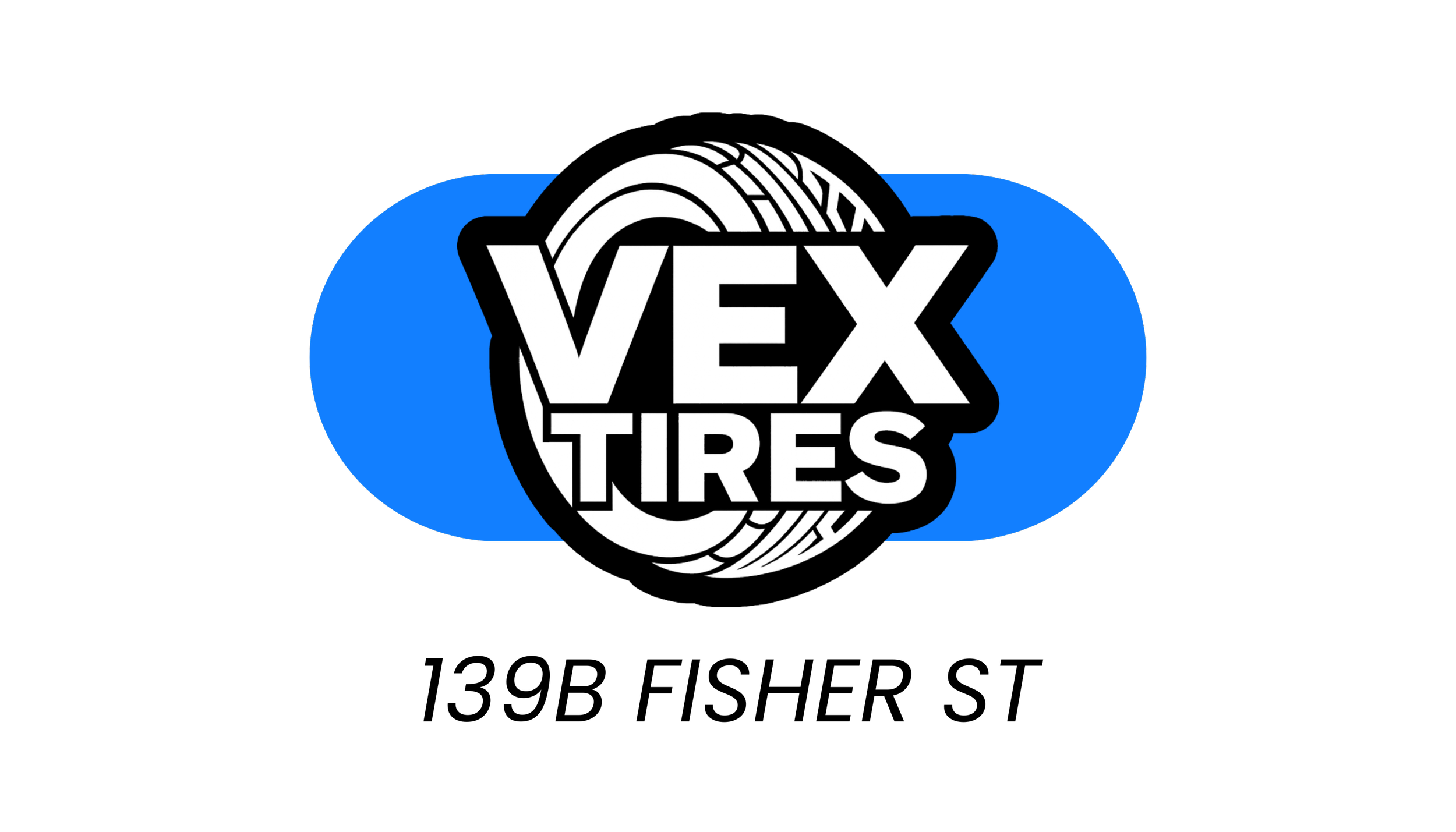 VEX Tires logo with black background, featuring a stylized tire and the words 'VEX Tires' in bold white letters surrounded by blue oval shapes.