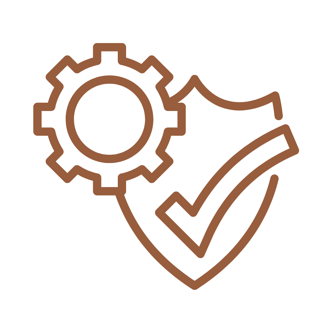 Outline of a gear wheel, a checkmark inside a shield, and a wrench, symbolizing settings, security, and maintenance or support.