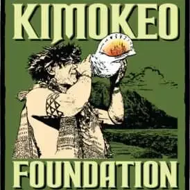 Illustration of two indigenous children in traditional clothing, holding a carved object with mountains in the background, and the text 'KIMOKELO FOUNDATION' at the top and bottom.