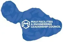 Logo for Maui Facilities & Engineering Leadership Council with a blue abstract shape and white text.