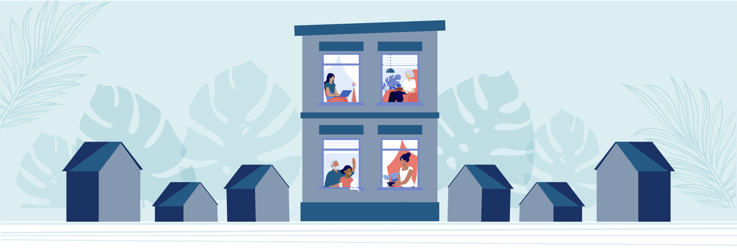 A multi-story apartment building with people inside, surrounded by smaller houses, against a backdrop of large tropical leaves.