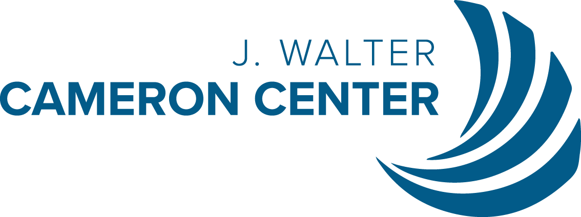 Logo of J. Walter Cameron Center with stylized blue wave design.