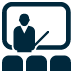 Icon of a person presenting or speaking in front of an audience in a conference room.