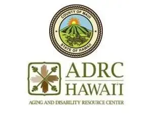 Seal of Maui County above the logo for ADRC Hawaii, Aging and Disability Resource Center, with a green and brown color scheme and a symbol of a four-leaf clover and crossed keys.