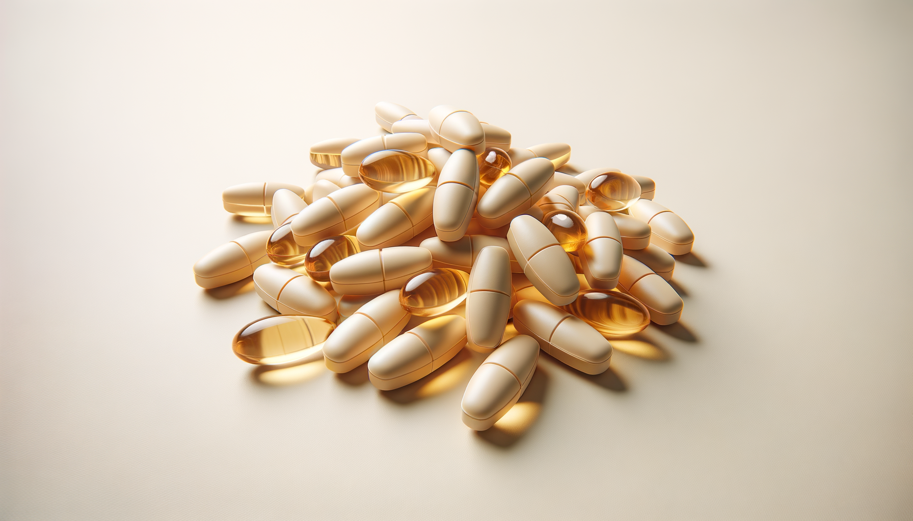 A pile of beige and amber capsules and softgel pills on a light surface.