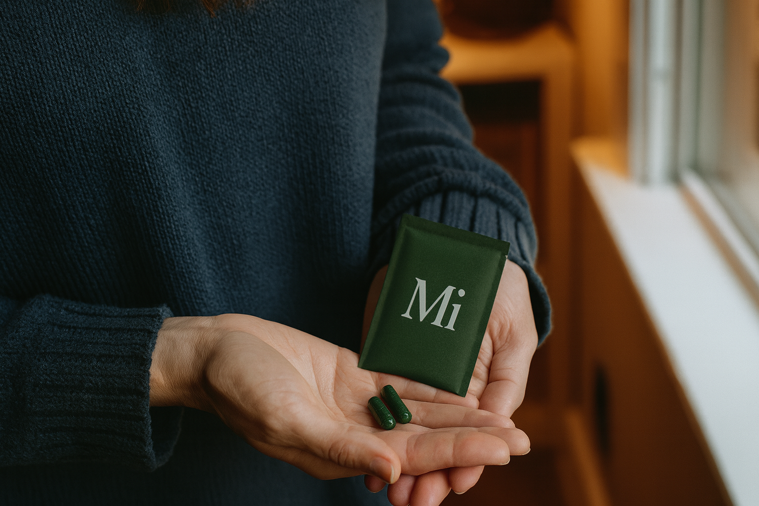 Person holding a small green box labeled 'Mi' and two green capsules.