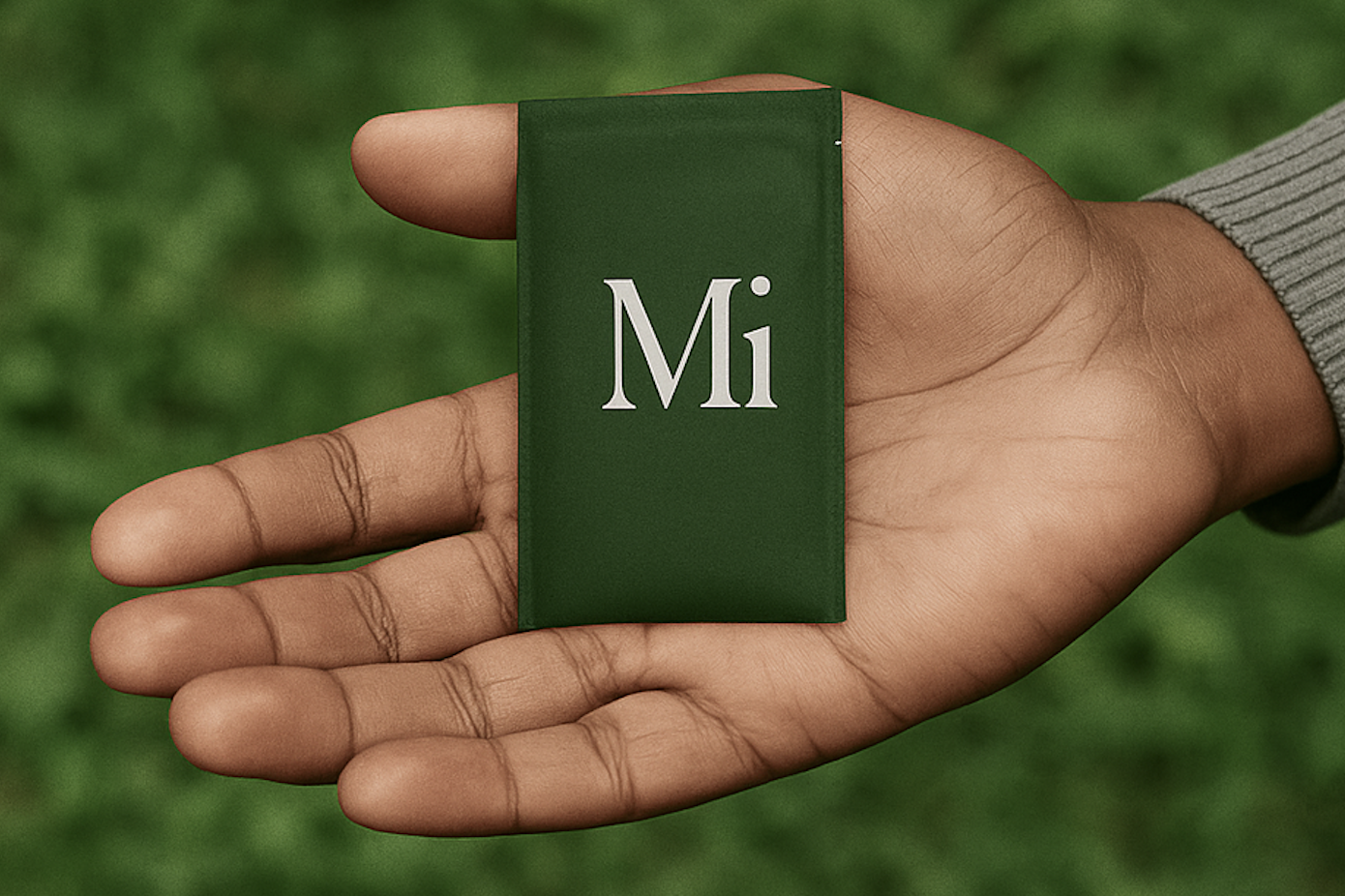 A hand with medium brown skin holds a small, dark green book with the chemical symbol 'Mg' on the cover, against a blurred green background.