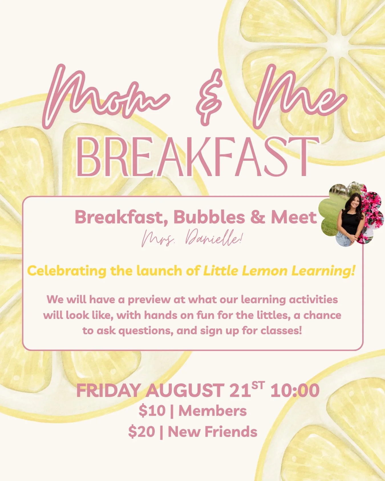 Join us this Friday to celebrate the upcoming launch of Little Lemon Learning! 

Mrs. Danielle will be there to meet you, and to take your littles through some hands on activities and preview what the classes will look like 🍋💕

Light bite breakfast