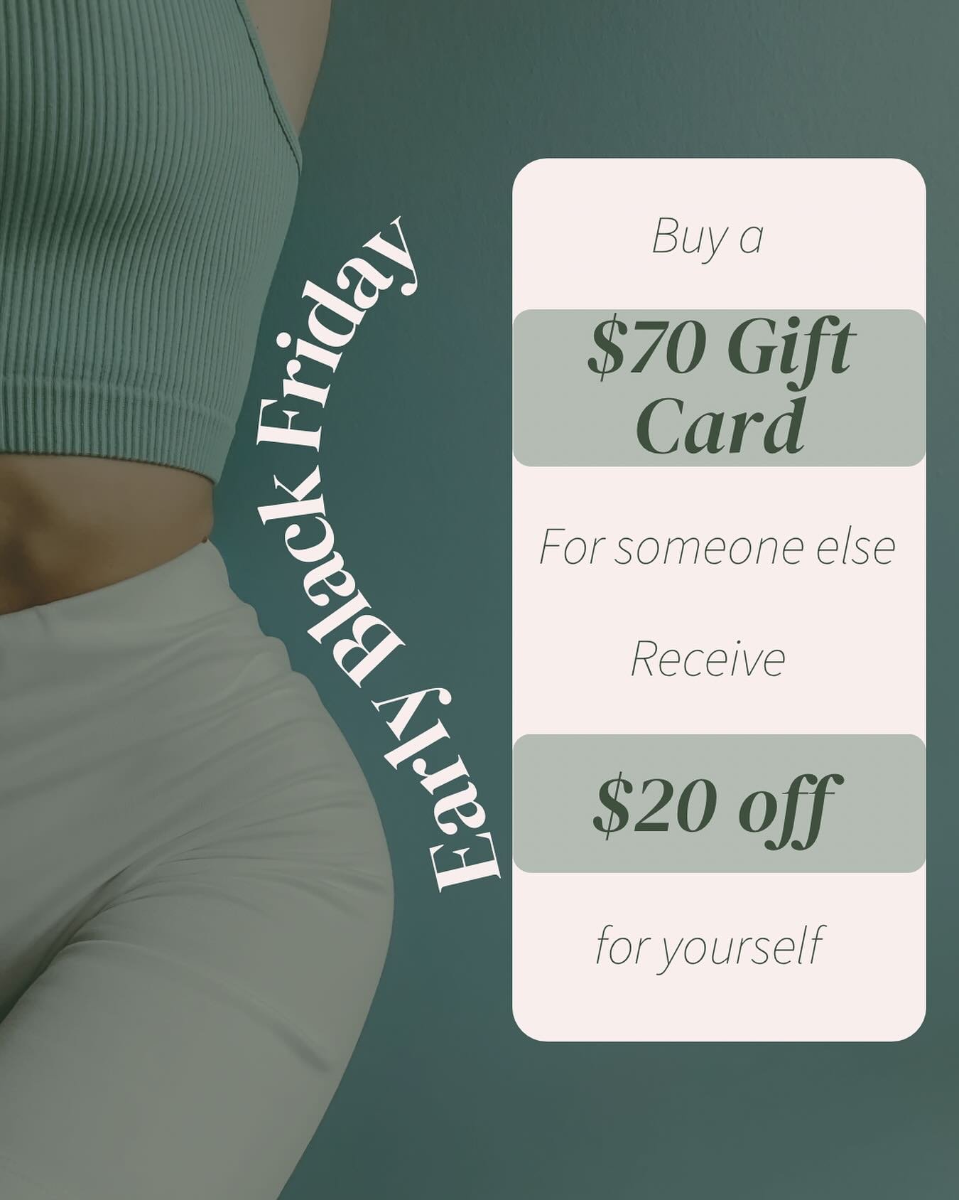 My Early Black Friday deal is here!

Buy a $70 gift card for someone else to use and get $20 off your next service.

This offer runs now through midnight on Black Friday.

If they&rsquo;re a new client, they can still use my &ldquo;first Brazilian, s