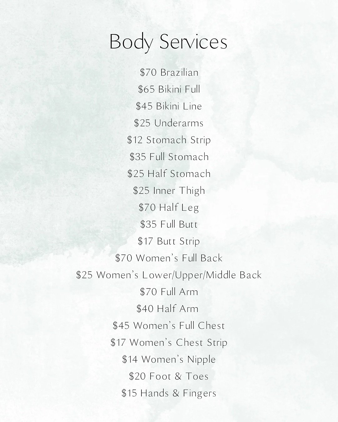 Hey everyone! 

💕 I want to take a moment to thank you all for trusting me with your waxing needs and for supporting my small business&mdash;it truly means the world to me!

Starting May 1st, there will be a small price adjustment, with Brazilian wa