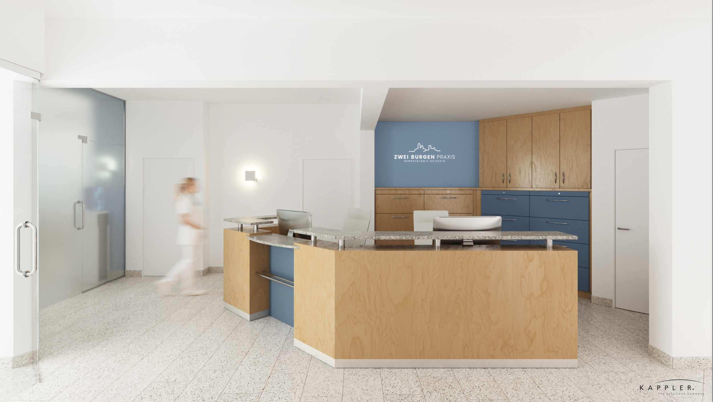 Rezeption in einer medizinischen Praxis mit Holz- und blauen Schränken, Empfangstresen aus Granit, einem blauen Wand mit Logo "Zwei Burgen Praxis", hellen Wänden und Bodenfliesen.
