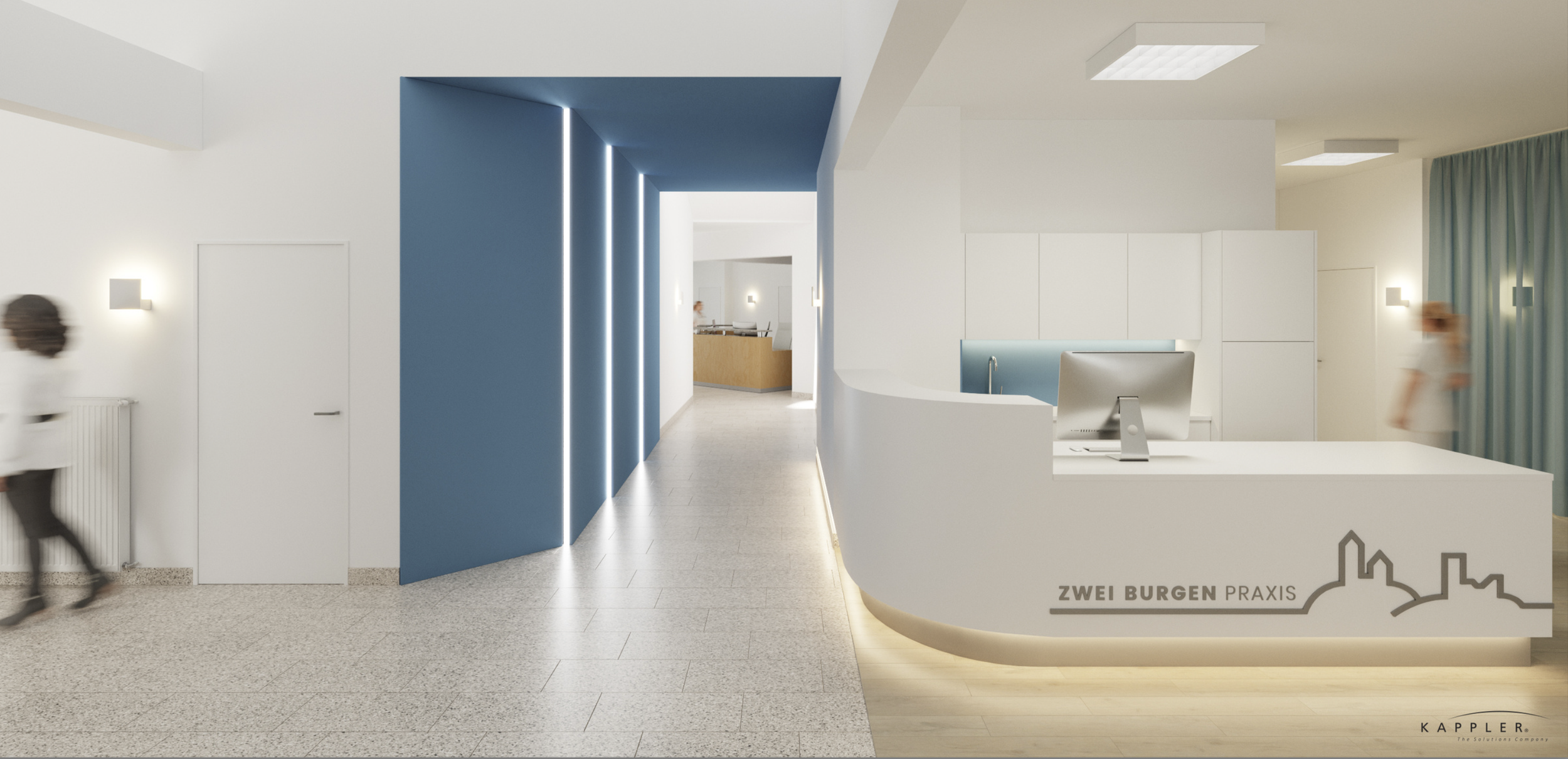 Moderne Arztpraxis mit Empfangstresen, blaue Akzentwand, hellem Interieur, zwei blure Personen, Schriften 'Zwei Burgen Praxis' auf dem Tresen.